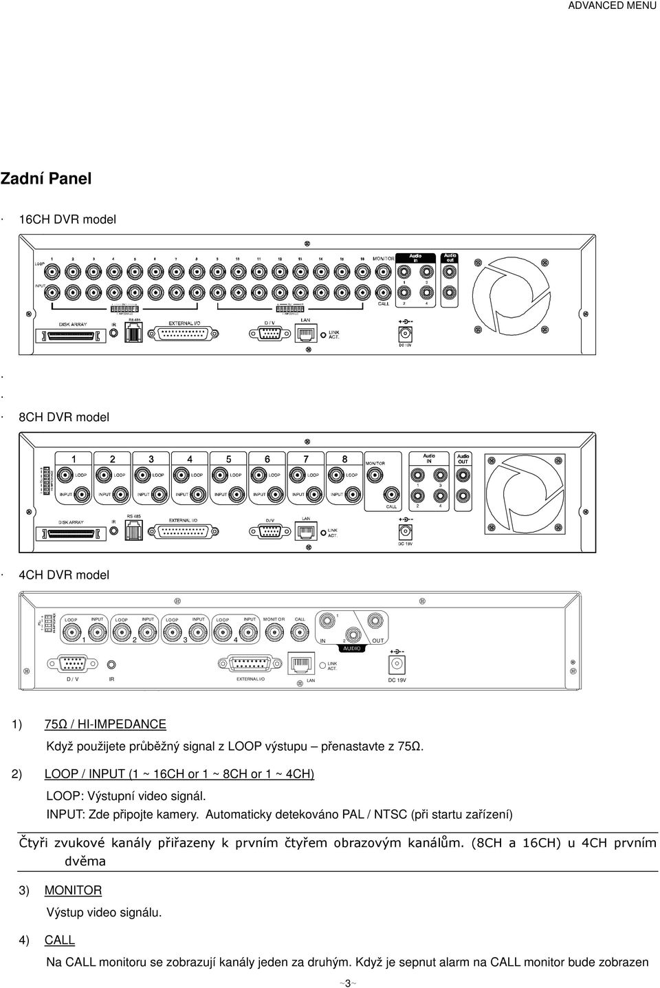 2) LOOP / INPUT (1 ~ 16CH or 1 ~ 8CH or 1 ~ 4CH) LOOP: Výstupní video signál. INPUT: Zde pipojte kamery.