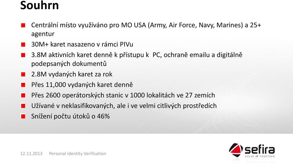 8M aktivních karet denně k přístupu k PC, ochraně emailu a digitálně podepsaných dokumentů 2.