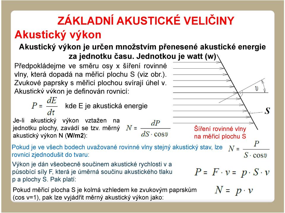 Akustický výkon je definován rovnicí: kde E je akustická energie Je-li akustický výkon vztažen na jednotku plochy, zavádí se tzv.