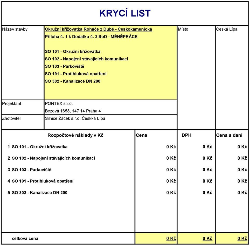 Projektant Zhotovitel PONTEX s.r.o. Bezová 1658, 147 14 Praha 4 Silnice Žáček s.r.o. Českká Lípa Rozpočtové náklady v Kč Cena DPH Cena s daní 1 SO 101 - Okružní