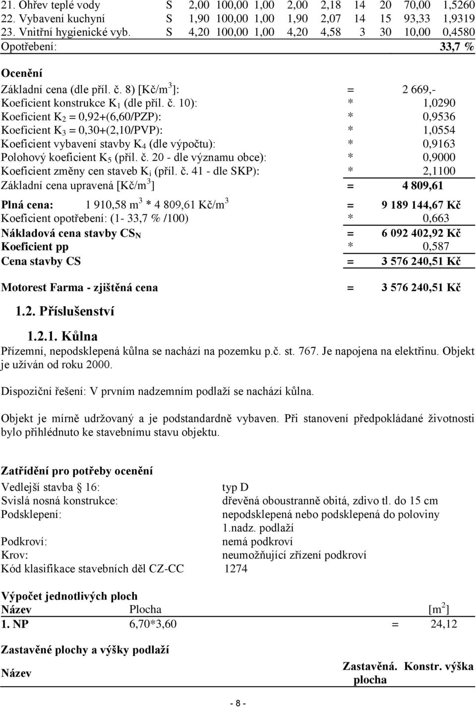 8) [Kč/m 3 ]: = 2 669,- Koeficient konstrukce K 1 (dle příl. č.