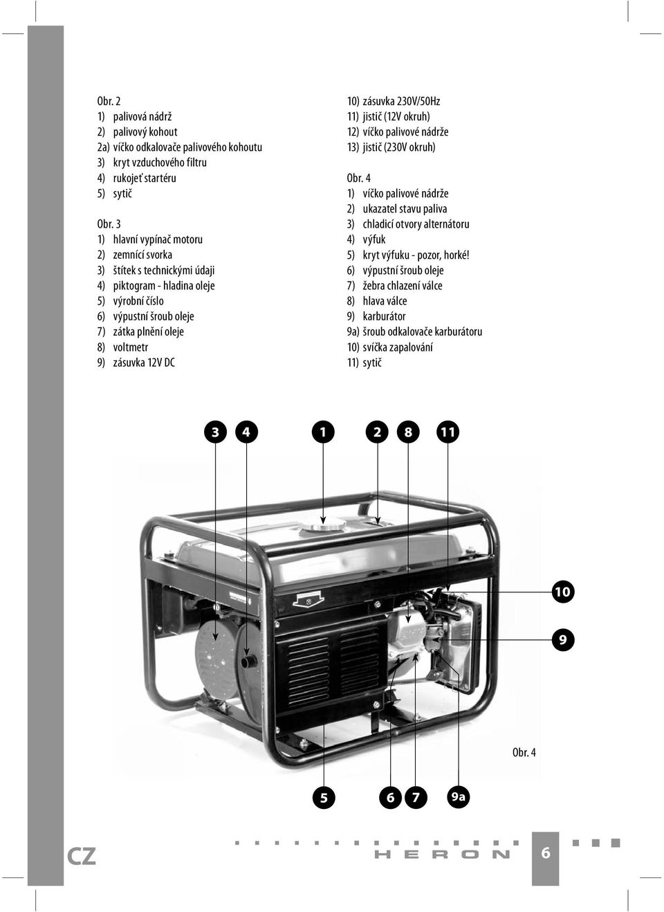 9) zásuvka 12V DC 10) zásuvka 230V/50Hz 11) jistič (12V okruh) 12) víčko palivové nádrže 13) jistič (230V okruh) Obr.