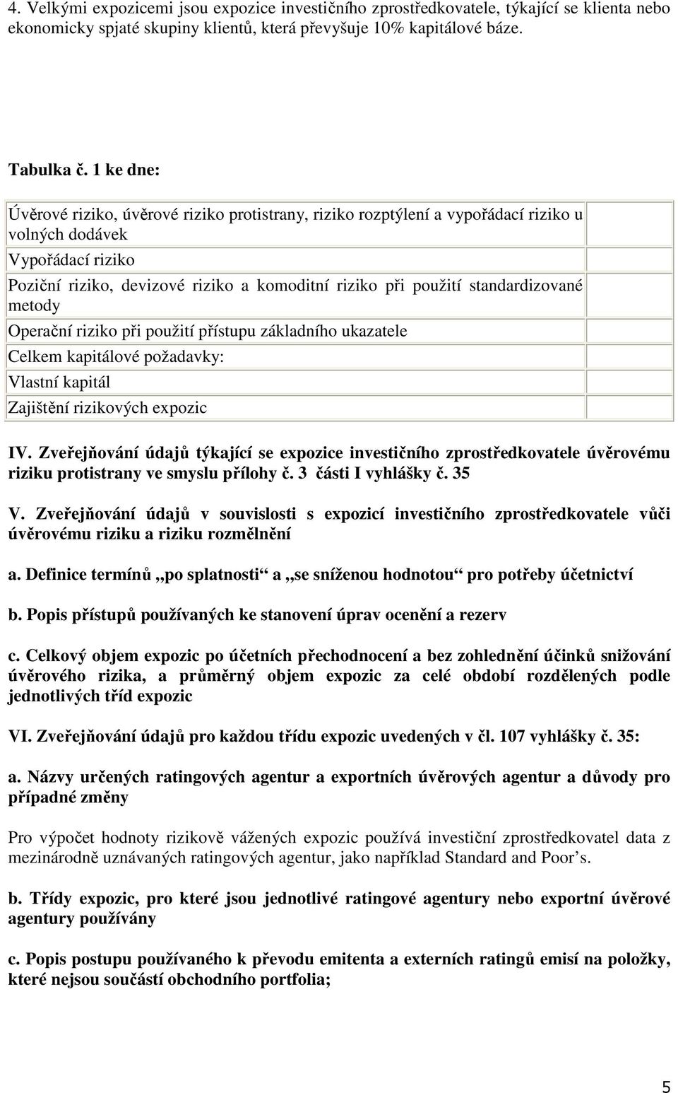 standardizované metody Operační riziko při použití přístupu základního ukazatele Celkem kapitálové požadavky: Vlastní kapitál Zajištění rizikových expozic ІV.