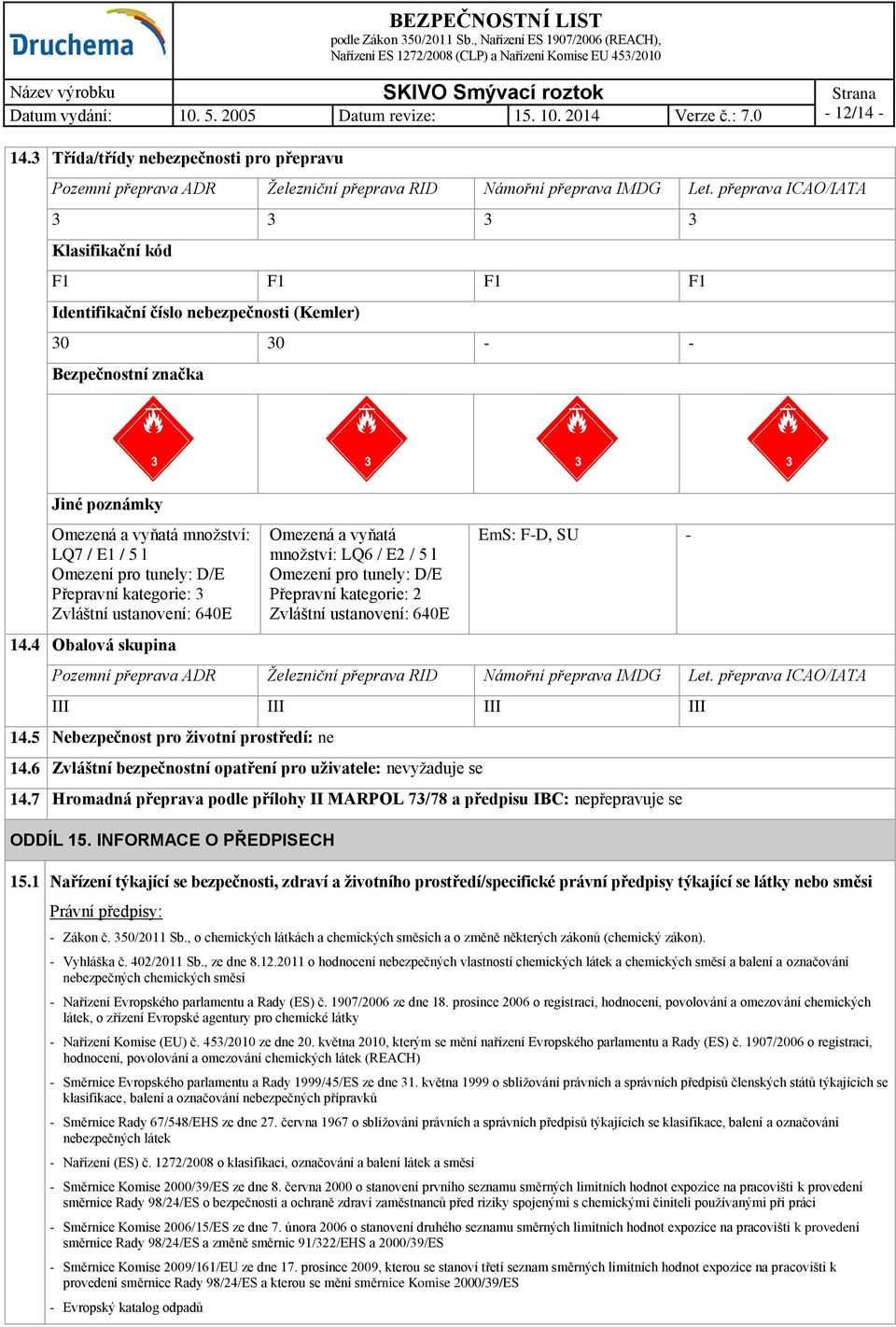 tunely: D/E Přepravní kategorie: 3 Zvláštní ustanovení: 640E 14.