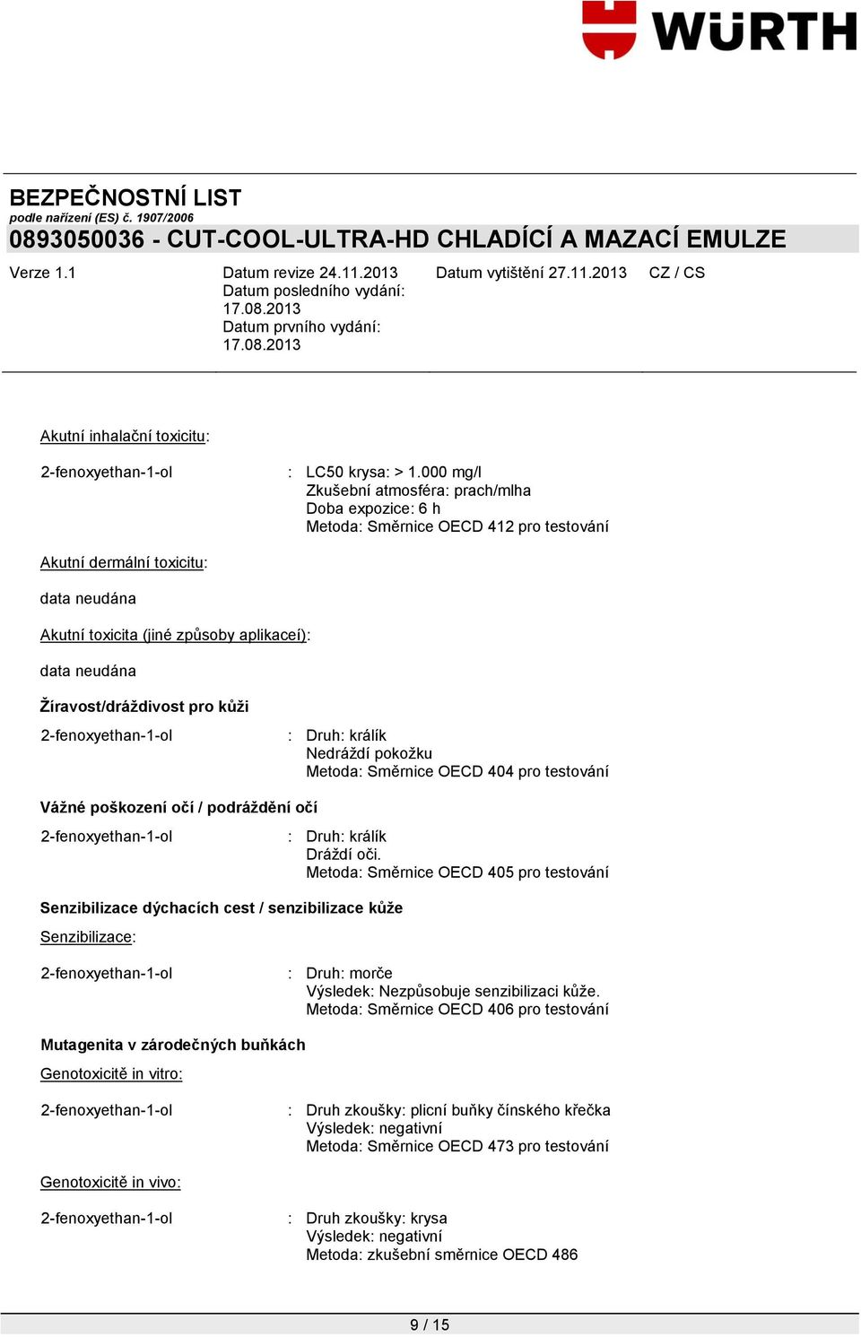 Druh: králík Nedráždí pokožku Metoda: Směrnice OECD 404 pro testování Vážné poškození očí / podráždění očí Senzibilizace dýchacích cest / senzibilizace kůže Senzibilizace: : Druh: králík Dráždí oči.