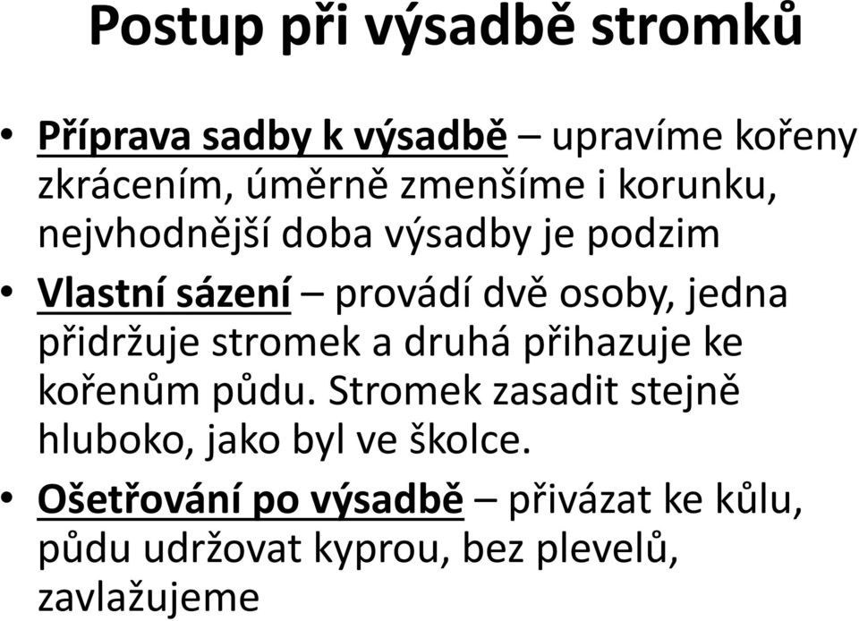 jedna přidržuje stromek a druhá přihazuje ke kořenům půdu.