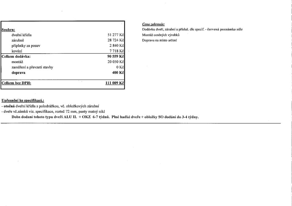 - červená poznámka níže Montáž ceněných výrobků Dopravu na místo určeni Celkem bez DPH: 111 009 Kč Upřesnění ke specifikaci.