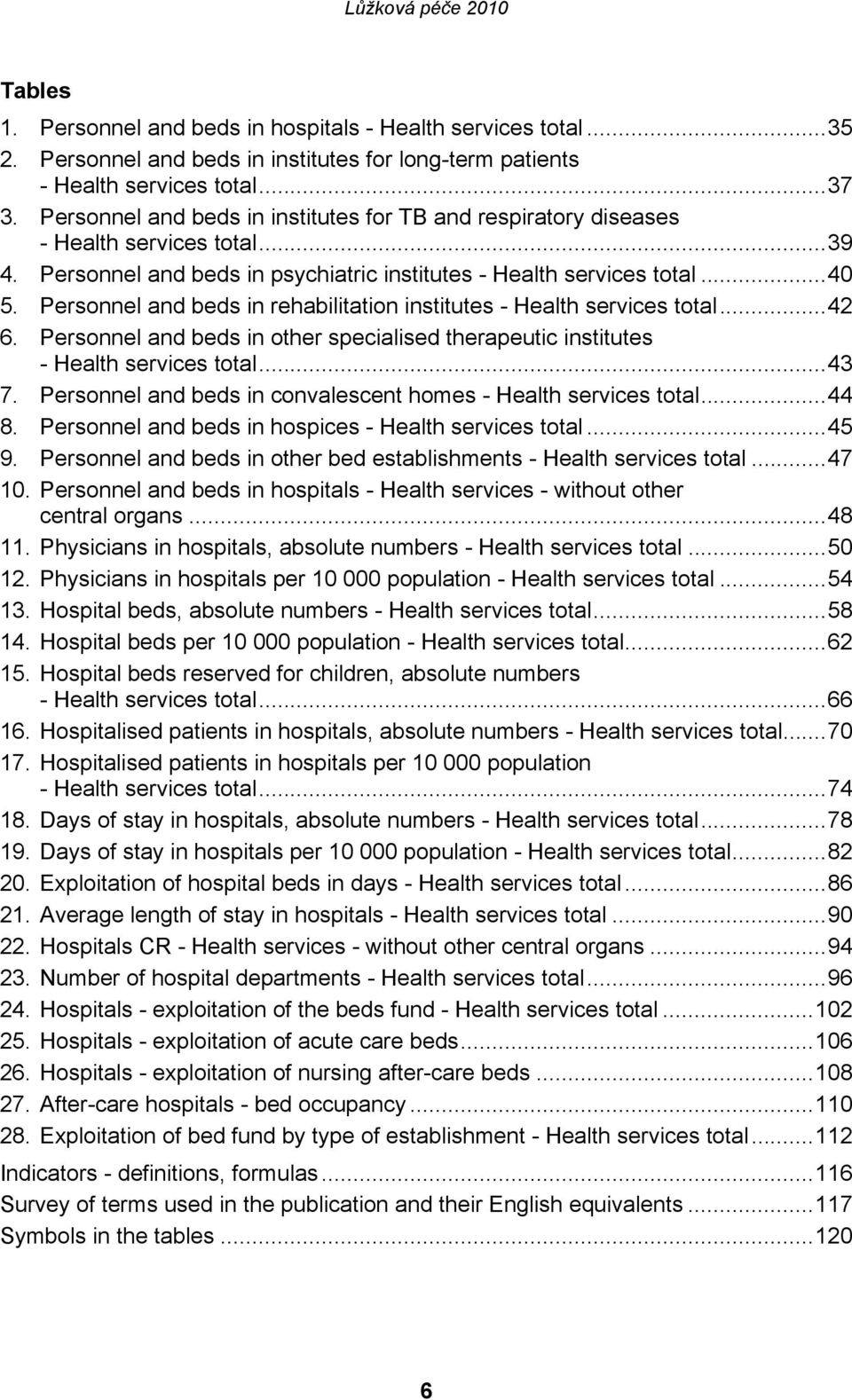 Personnel and beds in rehabilitation institutes - Health services total...42 6. Personnel and beds in other specialised therapeutic institutes - Health services total...43 7.