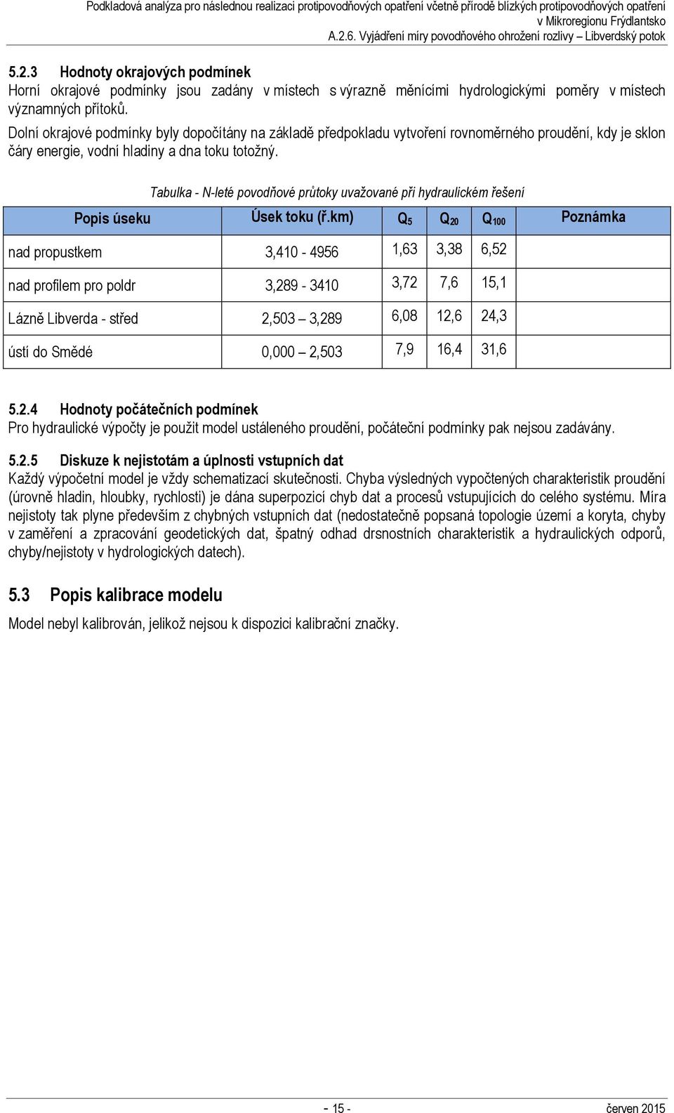 Tabulka - N-leté povodňové průtoky uvažované při hydraulickém řešení Popis úseku Úsek toku (ř.