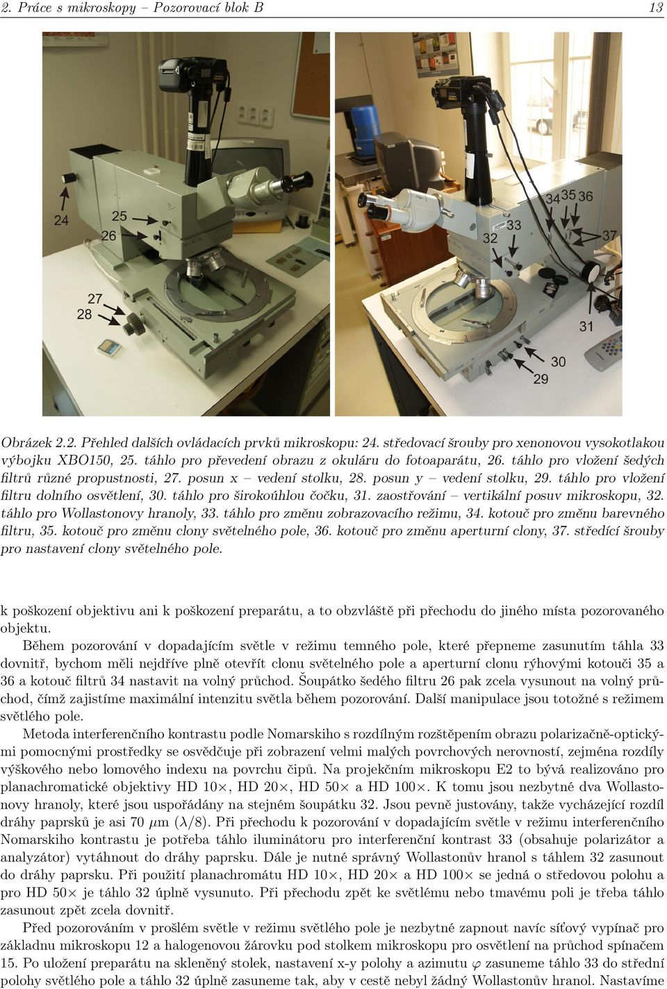 táhlo pro vložení filtru dolního osvětlení, 30. táhlo pro širokoúhlou čočku, 31. zaostřování vertikální posuv mikroskopu, 32. táhlo pro Wollastonovy hranoly, 33.