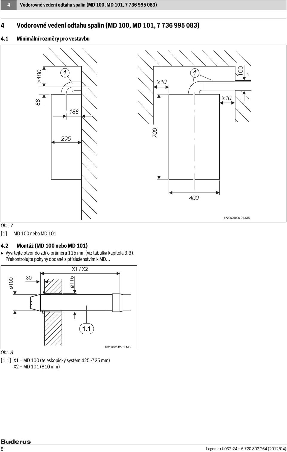 2 Montáž (MD 100 nebo MD 101) B Vyvrtejte otvor do zdi o průměru 115 mm (viz tabulka kapitola 3.3).