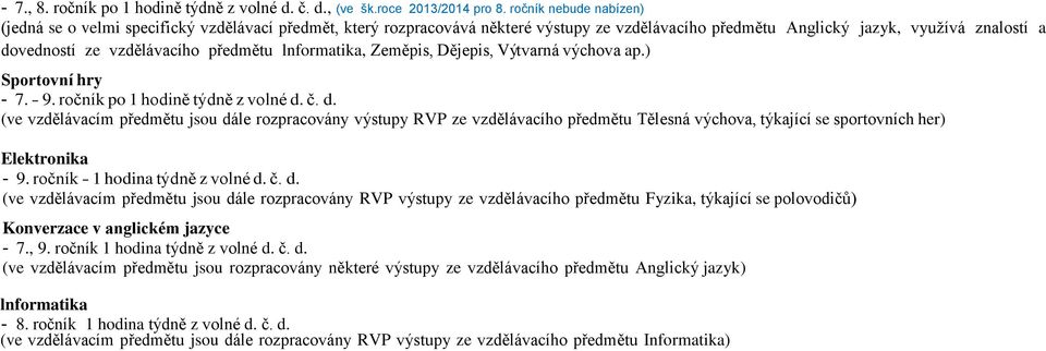 předmětu lnformatika, Zeměpis, Dějepis, Výtvarná výchova ap.) Sportovní hry - 7. - 9. ročník po 1 hodině týdně z volné d.