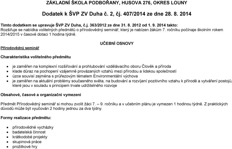 Přírodovědný seminář UČEBNÍ OSNOVY Charakteristika volitelného předmětu je zaměřen na komplexní rozšiřování a prohlubování vzdělávacího oboru Člověk a příroda klade důraz na pochopení vzájemně