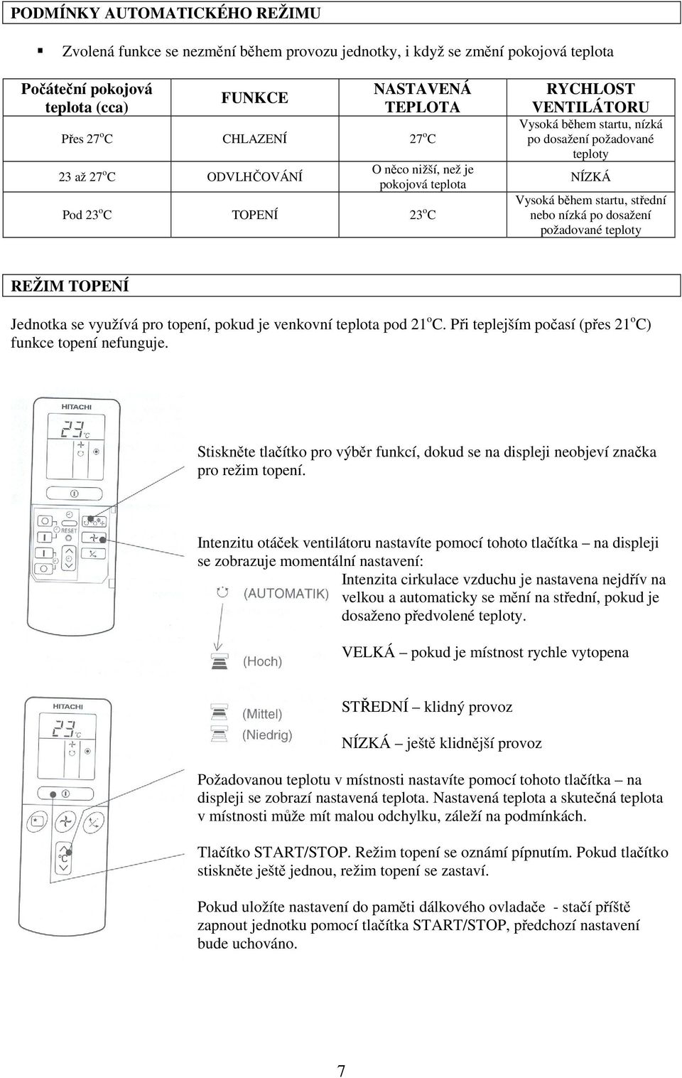 střední nebo nízká po dosažení požadované teploty REŽIM TOPENÍ Jednotka se využívá pro topení, pokud je venkovní teplota pod 21 o C. Při teplejším počasí (přes 21 o C) funkce topení nefunguje.