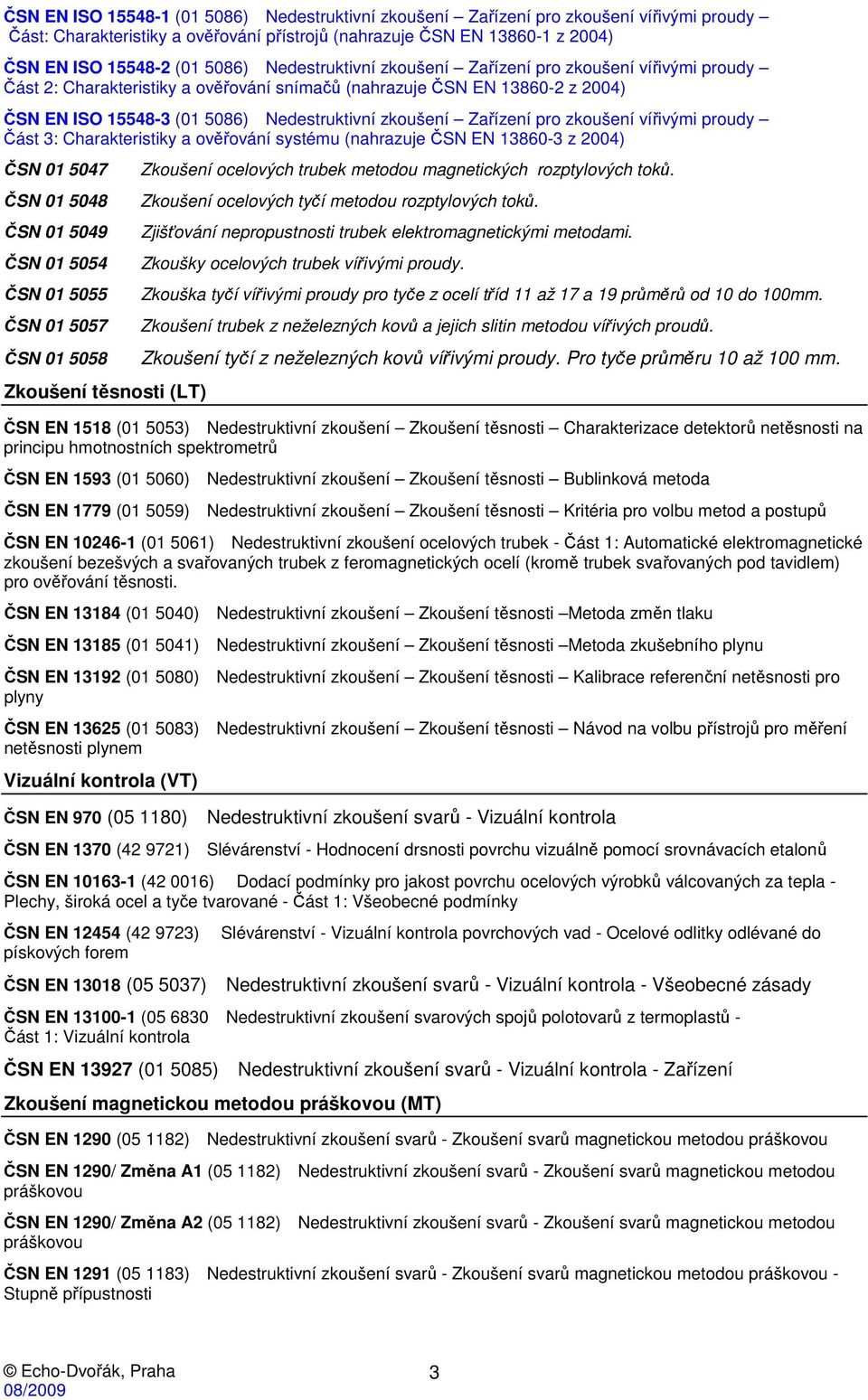 Zařízení pro zkoušení vířivými proudy Část 3: Charakteristiky a ověřování systému (nahrazuje ČSN EN 13860-3 z 2004) ČSN 01 5047 ČSN 01 5048 ČSN 01 5049 ČSN 01 5054 ČSN 01 5055 ČSN 01 5057 ČSN 01 5058