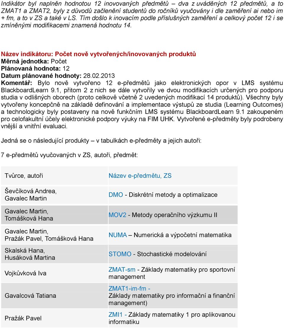 Název indikátoru: Počet nově vytvořených/inovovaných produktů Měrná jednotka: Počet Plánovaná hodnota: 12 Komentář: Bylo nově vytvořeno 12 e-předmětů jako elektronických opor v LMS systému