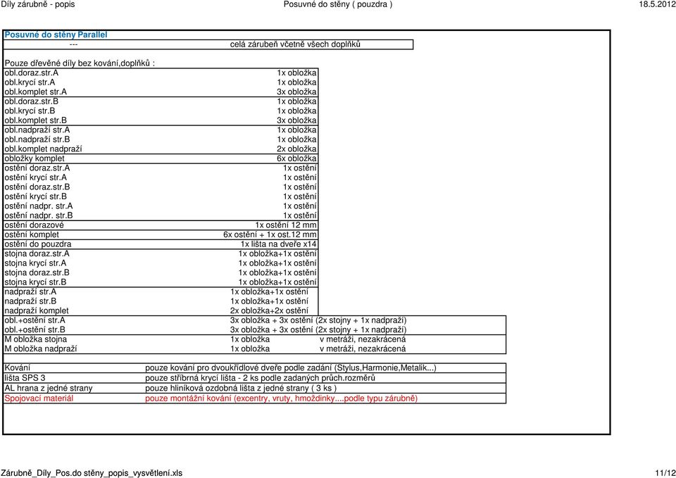 12 mm ostění do pouzdra 1x lišta na dveře x14 stojna doraz.str.a + stojna krycí str.a + stojna doraz.str.b + stojna krycí str.b + nadpraží str.a + nadpraží str.b + nadpraží komplet +2x ostění obl.