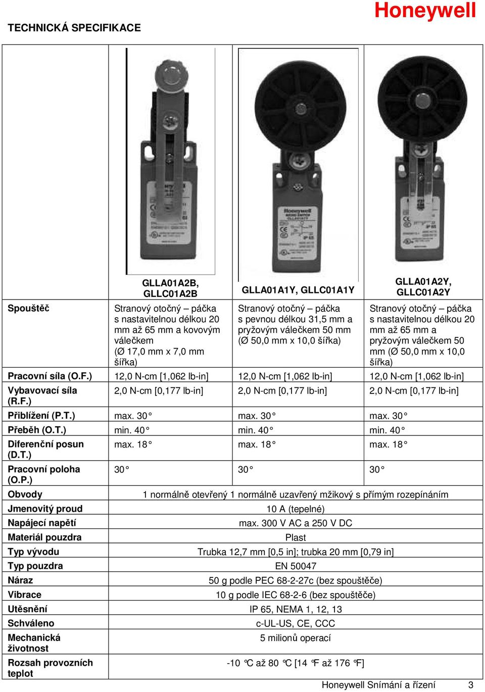 ) 12,0 N-cm [1,062 lb-in] 12,0 N-cm [1,062 lb-in] 12,0 N-cm [1,062 lb-in] Vybavovací síla (R.F.) 2,0 N-cm [0,177 lb-in] 2,0 N-cm [0,177 lb-in] 2,0 N-cm [0,177 lb-in] Přiblížení (P.T.) max. 30 max.