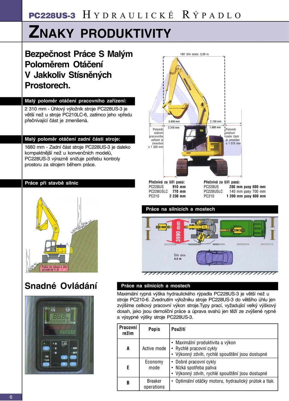 Malý polomìr otáèení zadní èásti stroje: 1680 mm - Zadní èást stroje PC228US-3 je daleko kompaktnìj í ne u konvenèních modelù, PC228US-3 výraznì sni uje potøebu kontroly prostoru za strojem bìhem