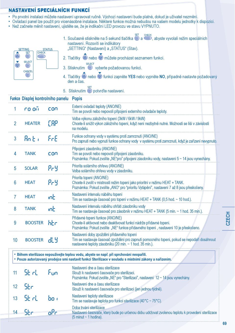 Sou asn stiskn te na 5 sekund tla ítka a HEK, abyste vyvolali režim speciálních nastavení. Rozsvítí se indikátory (Nastavení) a (Stav). 2. Tla ítky nebo m žete procházet seznamem funkcí. 3.
