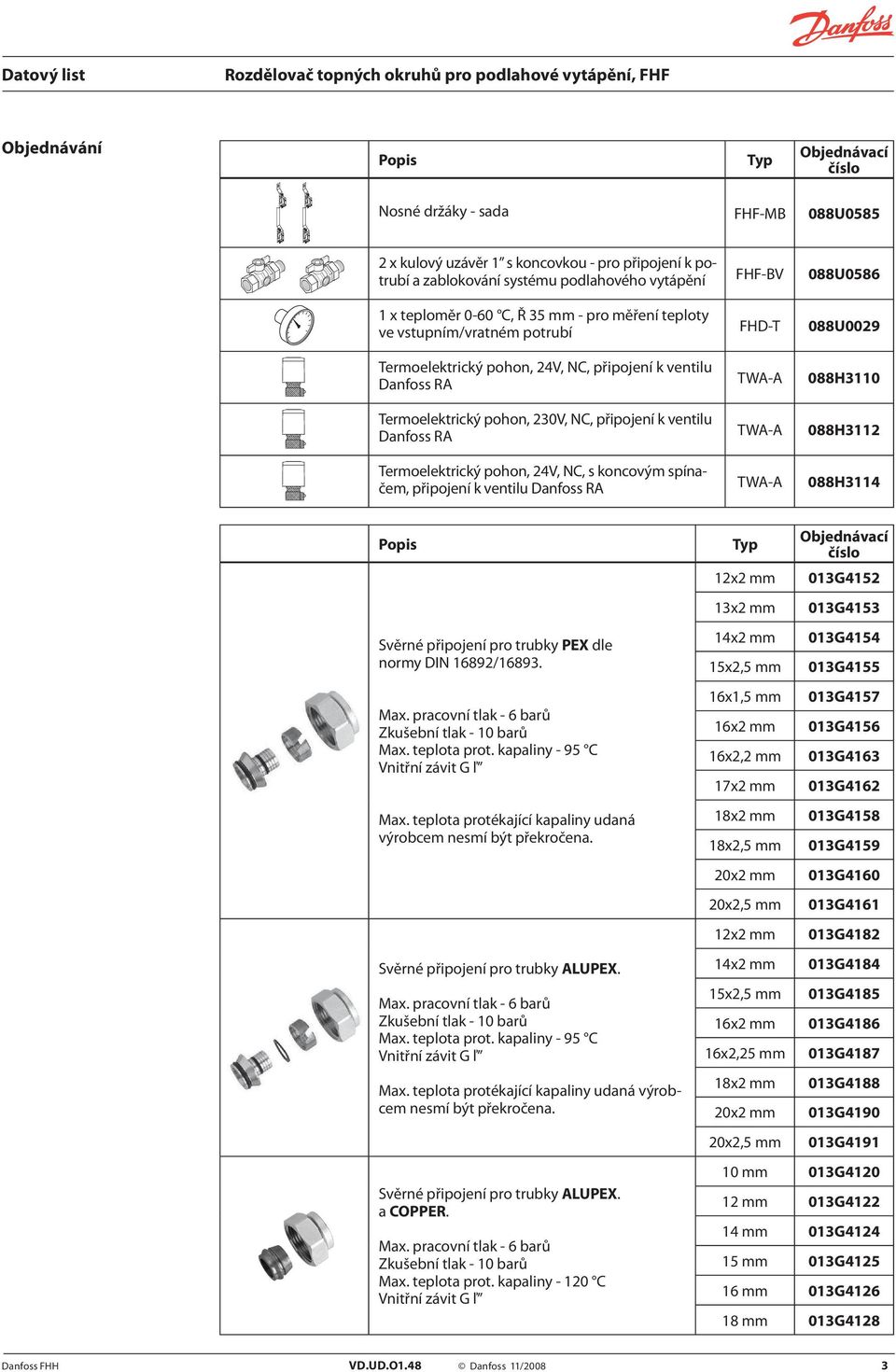 připojení k ventilu Danfoss RA TWA-A 088H3112 Termoelektrický pohon, 24V, NC, s koncovým spínačem, připojení k ventilu Danfoss RA TWA-A 088H3114 Popis Svěrné připojení pro trubky PEX dle normy DIN