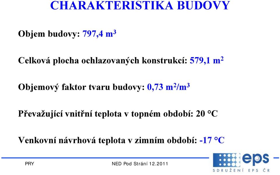 tvaru budovy: 0,73 m 2 /m 3 Převažující vnitřní teplota v