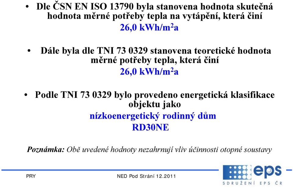 která činí 26,0 kwh/m 2 a Podle TNI 73 0329 bylo provedeno energetická klasifikace objektu jako