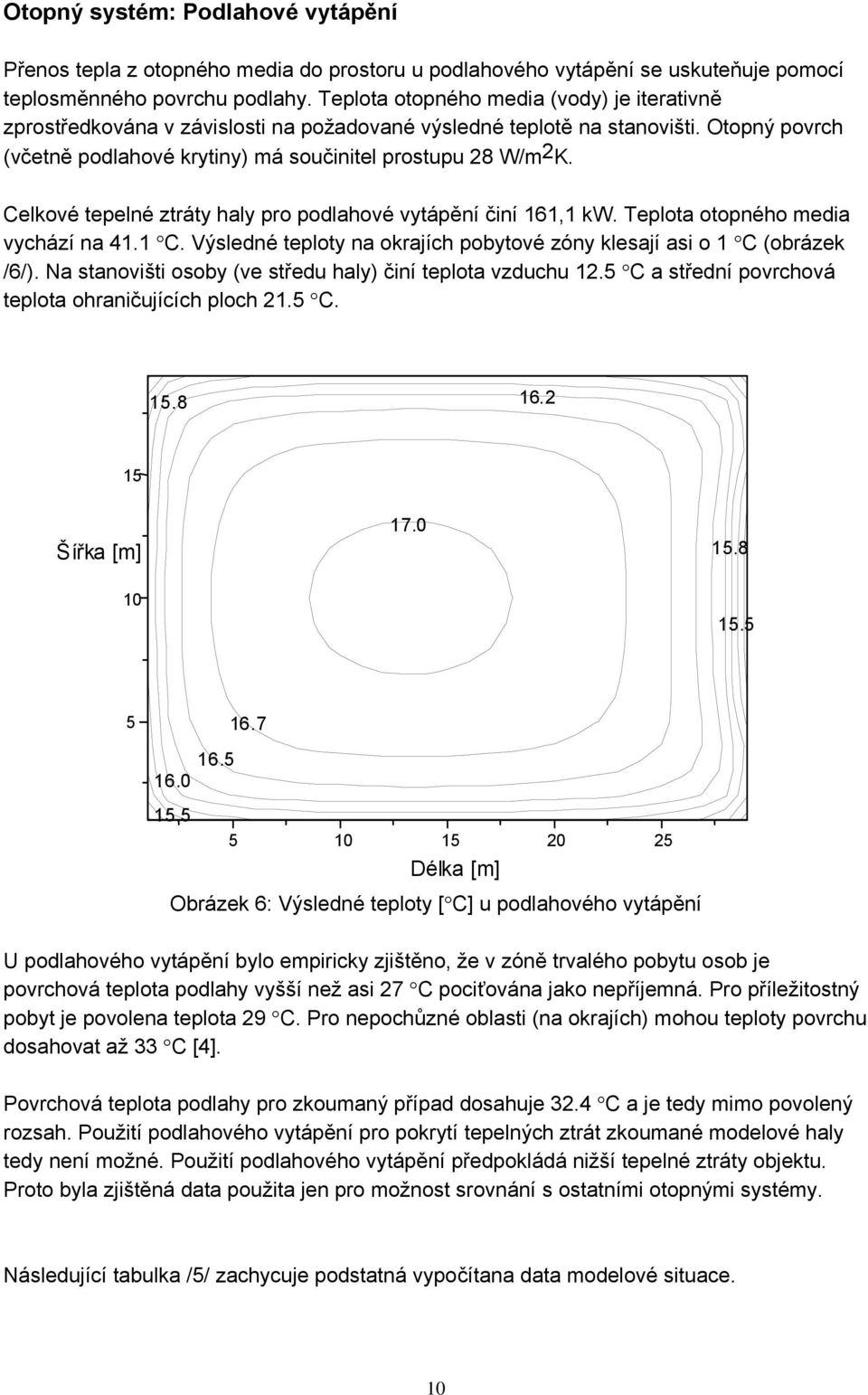 Celkové tepelné ztráty haly pro podlahové vytápění činí 161,1 kw. Teplota otopného media vychází na 41.1 C. Výsledné teploty na okrajích pobytové zóny klesají asi o 1 C (obrázek /6/).