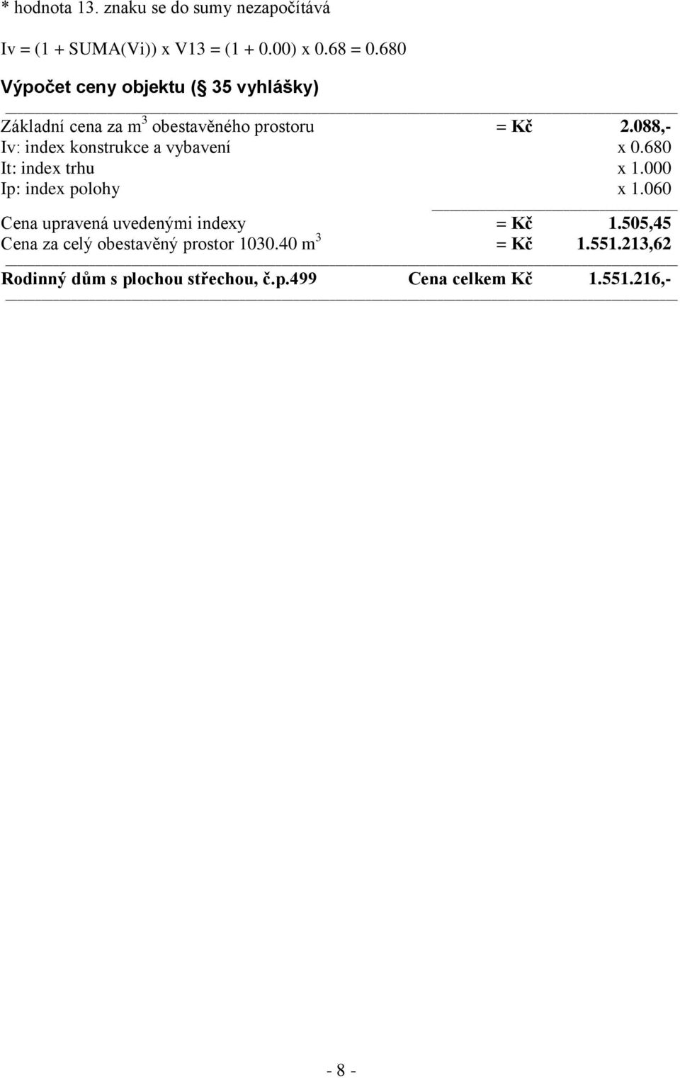 088,- Iv: index konstrukce a vybavení x 0.680 It: index trhu x 1.000 Ip: index polohy x 1.