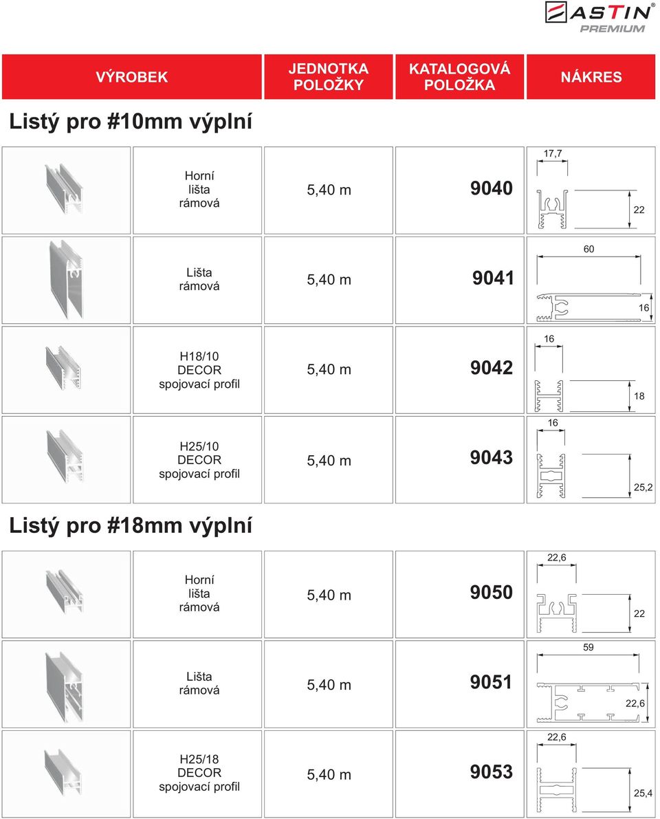 DECOR spojovací profil 9043 25,2 Listý pro #18mm výplní 22,6 lišta