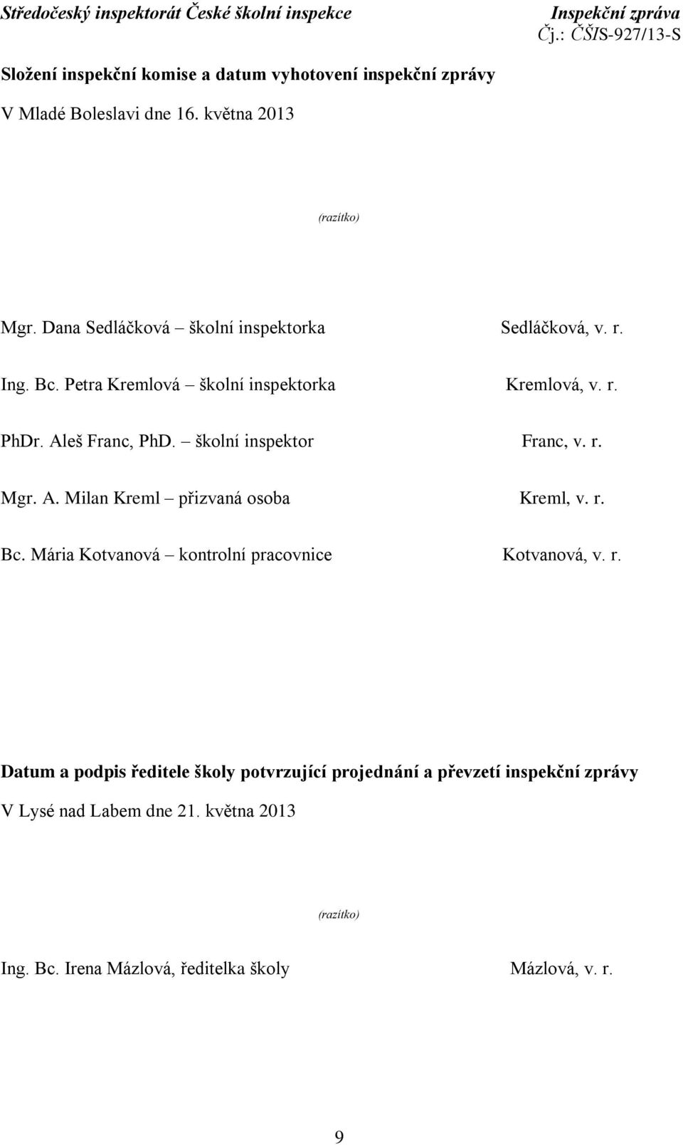 školní inspektor Franc, v. r. Mgr. A. Milan Kreml přizvaná osoba Kreml, v. r. Bc. Mária Kotvanová kontrolní pracovnice Kotvanová, v. r. Datum a podpis ředitele školy potvrzující projednání a převzetí inspekční zprávy V Lysé nad Labem dne 21.