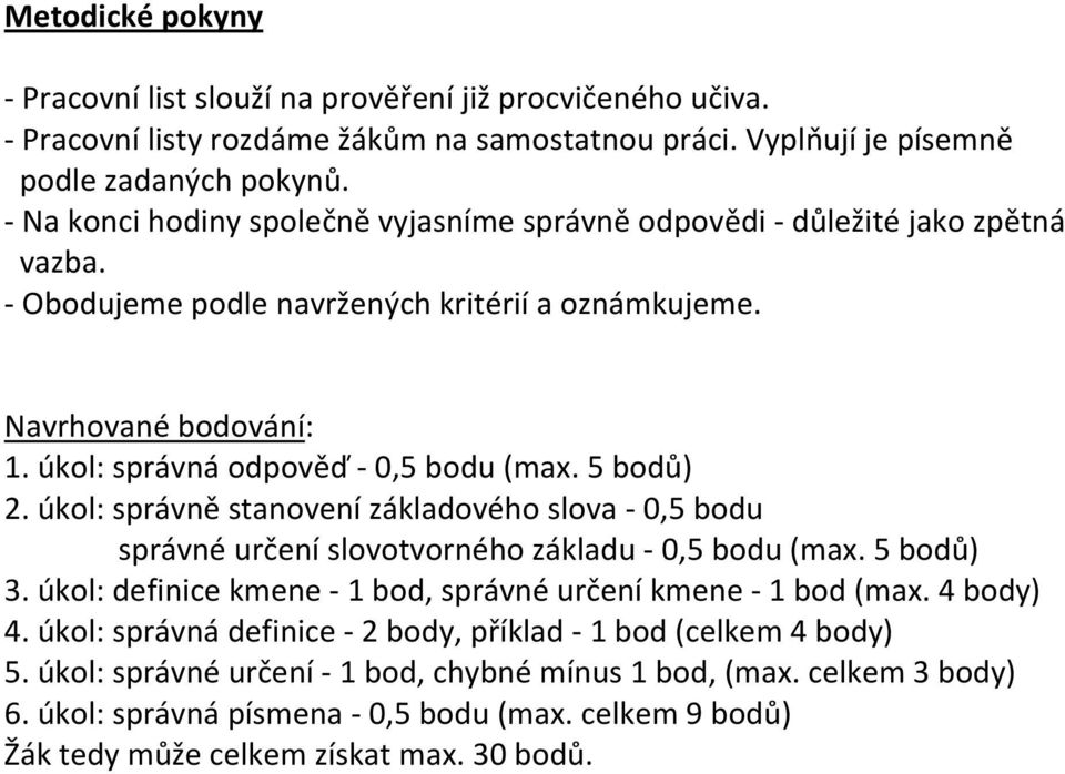 5 bodů) 2. úkol: správně stanovení základového slova 0,5 bodu správné určení slovotvorného základu 0,5 bodu (max. 5 bodů) 3. úkol: definice kmene 1 bod, správné určení kmene 1 bod (max. 4 body) 4.