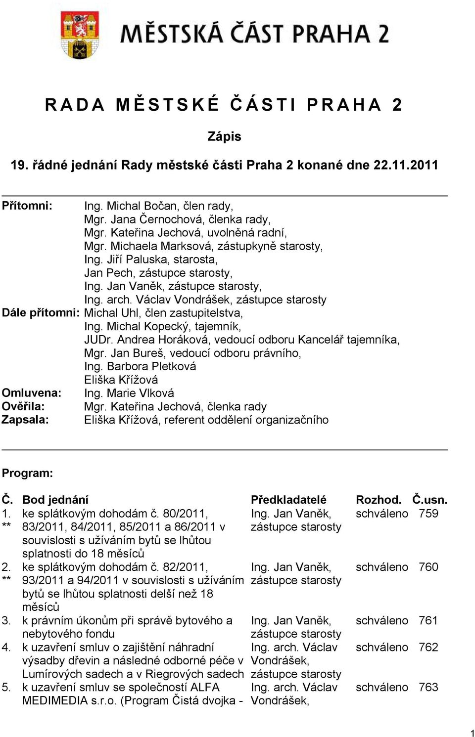 Václav Vondrášek, zástupce starosty Dále přítomni: Michal Uhl, člen zastupitelstva, Ing. Michal Kopecký, tajemník, JUDr. Andrea Horáková, vedoucí odboru Kancelář tajemníka, Mgr.