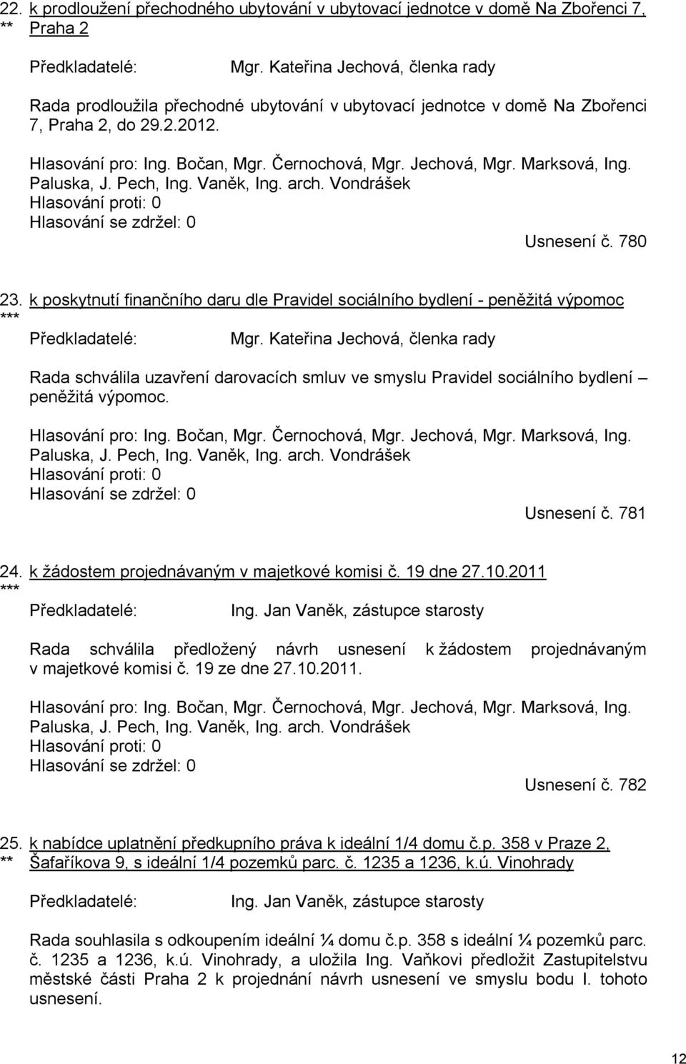 Marksová, Ing. Paluska, J. Pech, Ing. Vaněk, Ing. arch. Vondrášek Hlasování proti: 0 Hlasování se zdržel: 0 Usnesení č. 780 23.