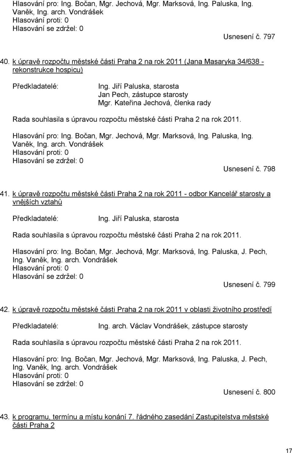 Kateřina Jechová, členka rady Rada souhlasila s úpravou rozpočtu městské části Praha 2 na rok 2011. Hlasování pro: Ing. Bočan, Mgr. Jechová, Mgr. Marksová, Ing. Paluska, Ing. Vaněk, Ing. arch.