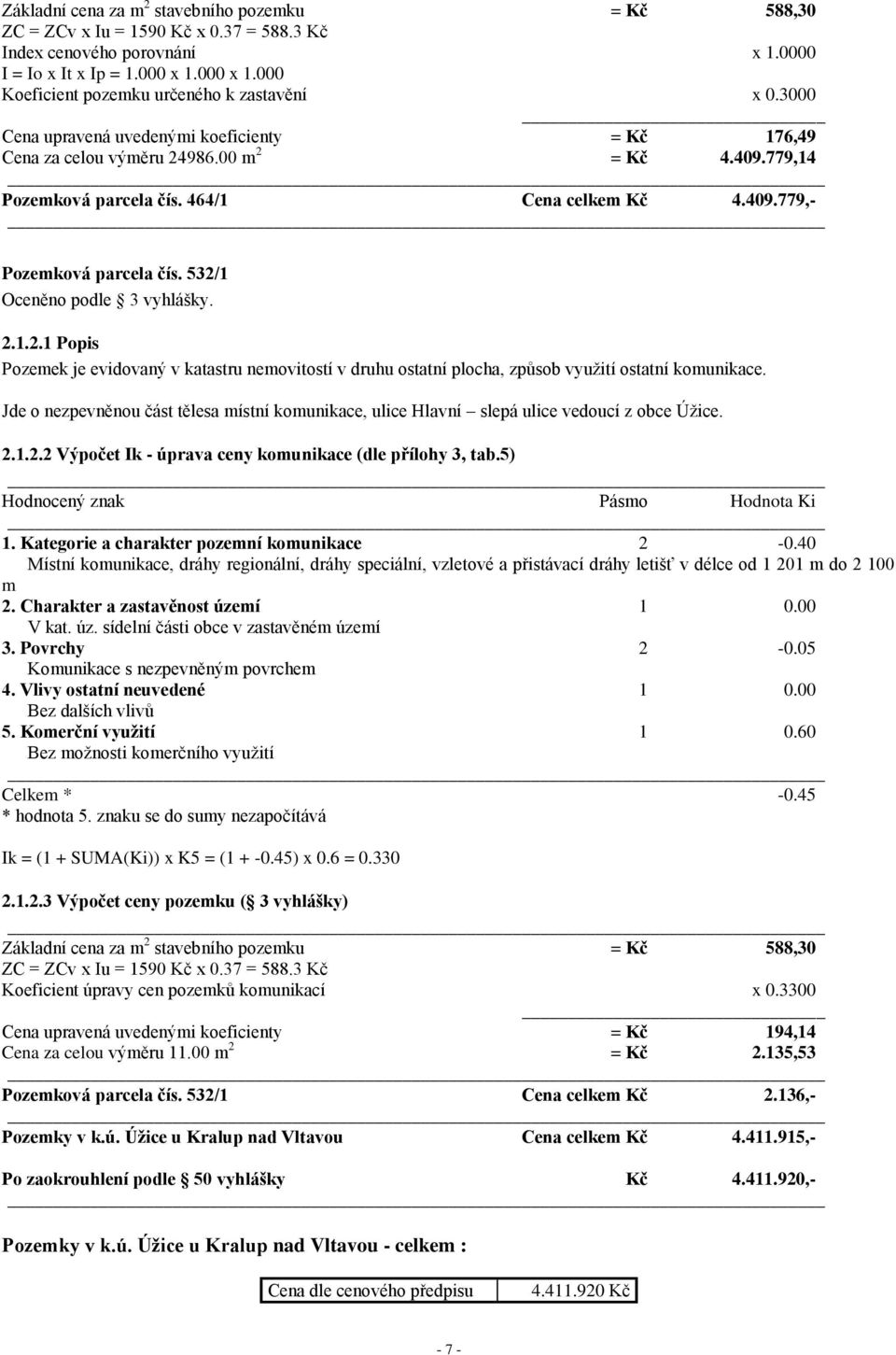 464/1 Cena celkem Kč 4.409.779,- Pozemková parcela čís. 532/1 Oceněno podle 3 vyhlášky. 2.1.2.1 Popis Pozemek je evidovaný v katastru nemovitostí v druhu ostatní plocha, způsob využití ostatní komunikace.