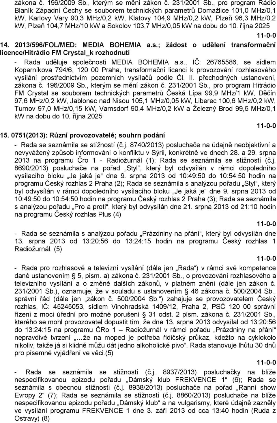 MHz/10 kw a Sokolov 103,7 MHz/0,05 kw na dobu do 10. října 2025 14. 2013/596/FOL/MED: MEDIA BOHEMIA a.s.