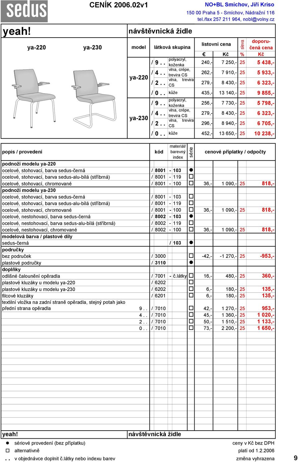 . kůže 452,- 13 650,- 25 10 238,- popis / provedení podnoží modelu ya-220 ocelové, stohovací, barva sedus-černá / 8001-103 ocelové, stohovací, barva sedus-alu-bílá (stříbrná) / 8001-119 ocelové,