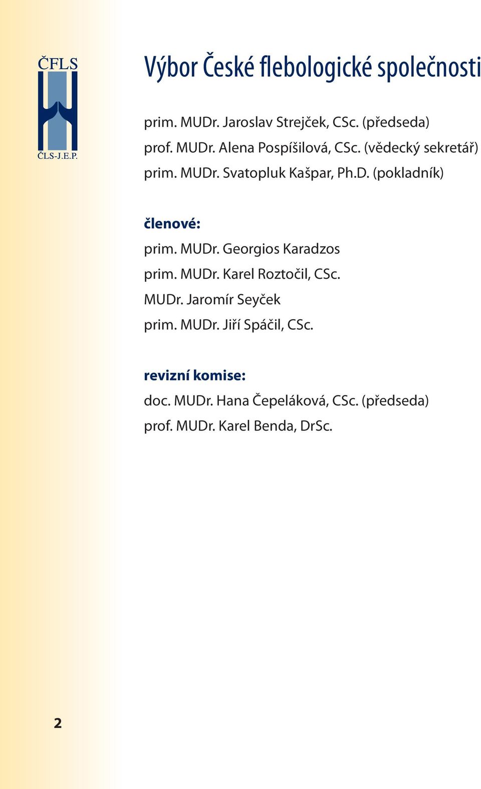 MUDr. Karel Roztočil, CSc. MUDr. Jaromír Seyček prim. MUDr. Jiří Spáčil, CSc. revizní komise: doc.