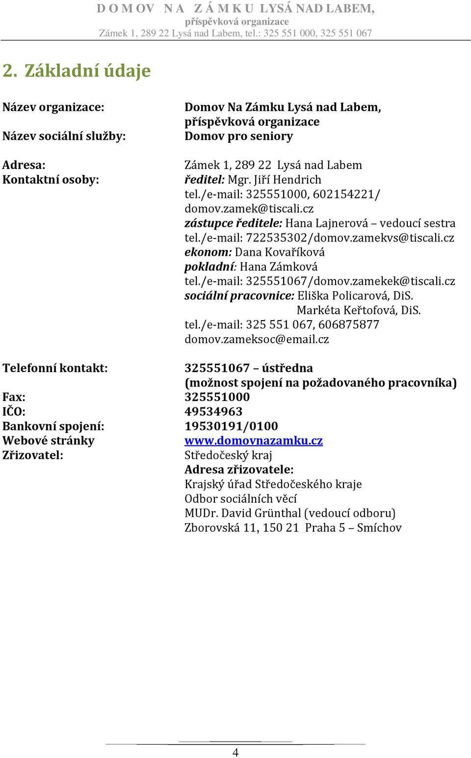 cz ekonom: Dana Kovaříková pokladní: Hana Zámková tel./e-mail: 325551067/domov.zamekek@tiscali.cz sociální pracovnice: Eliška Policarová, DiS. Markéta Keřtofová, DiS. tel./e-mail: 325551067, 606875877 domov.