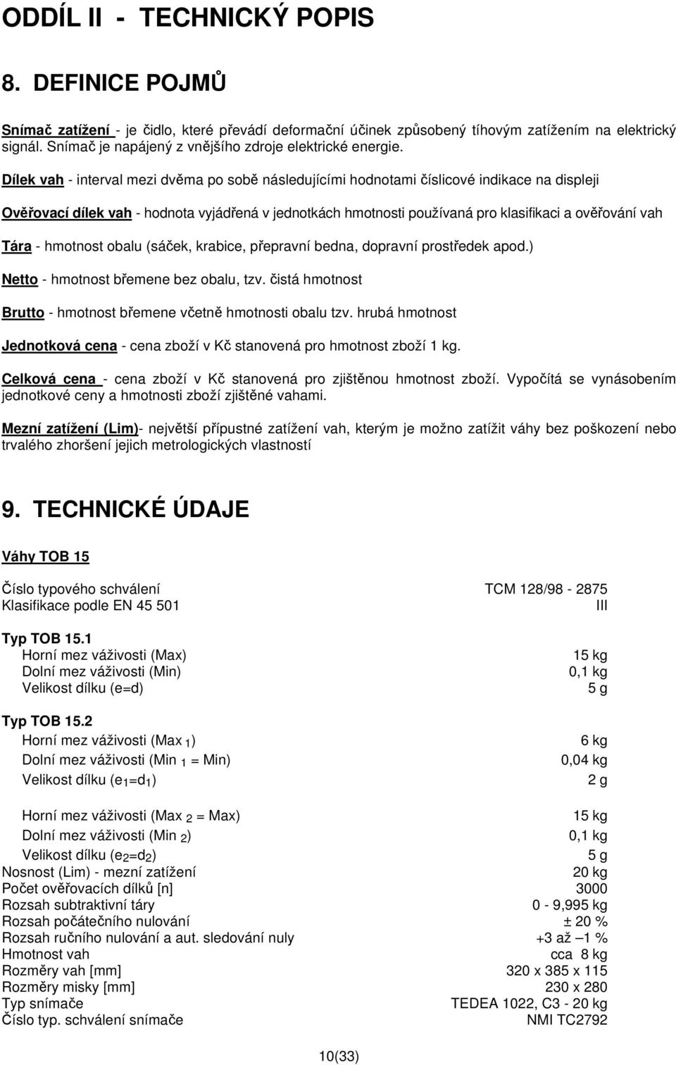 TENZOMETRICKÉ OBCHODNÍ VÁHY SÉRIE TO - TYP TOB 15 - PDF Stažení zdarma