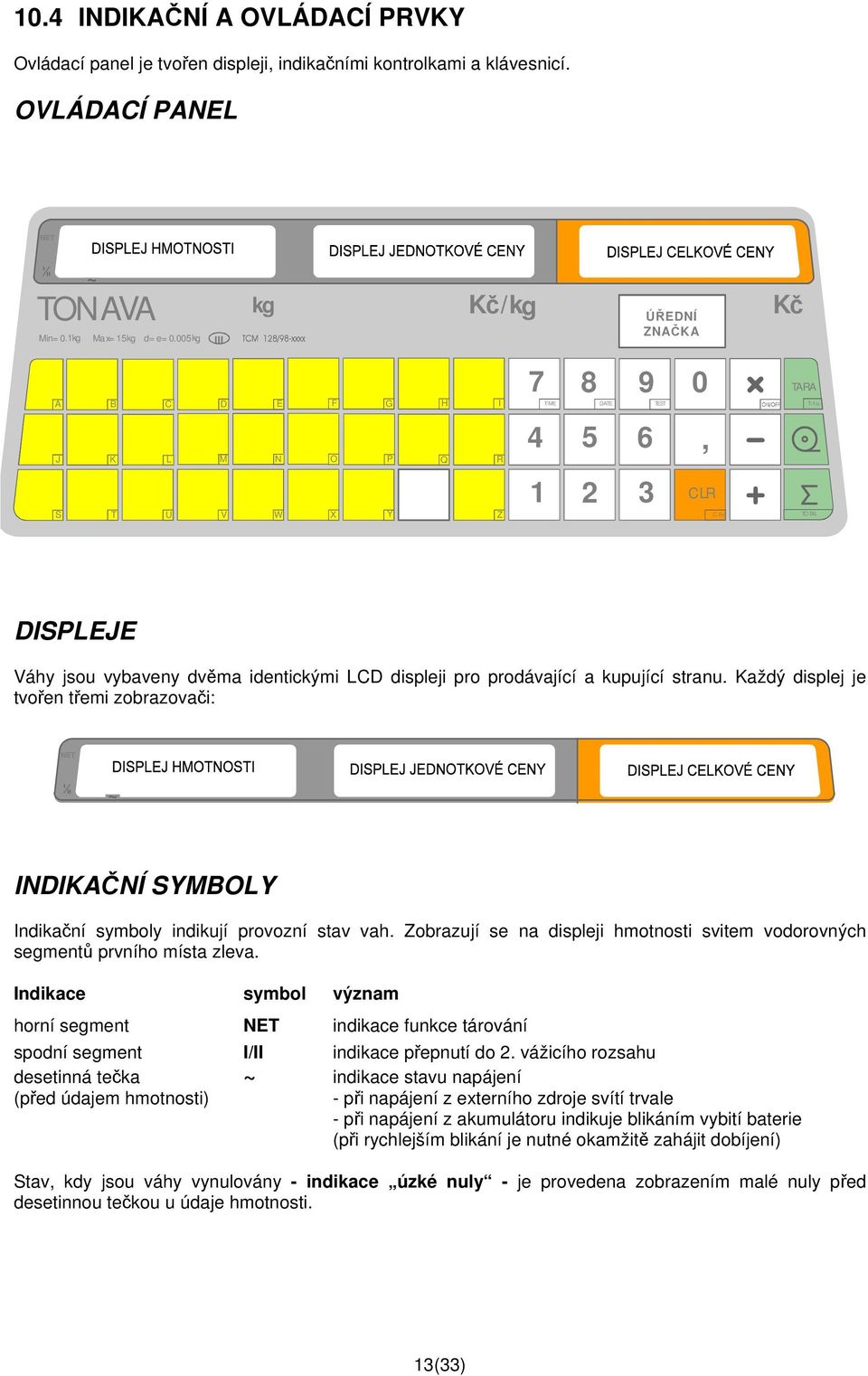 displeji pro prodávající a kupující stranu. Každý displej je tvořen třemi zobrazovači: N E T INDIKAČNÍ SYMBOLY Indikační symboly indikují provozní stav vah.