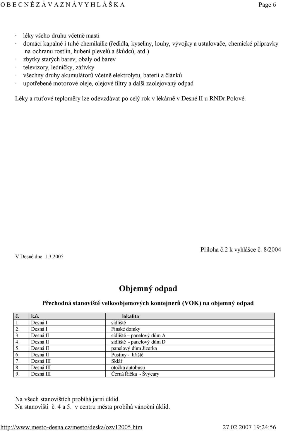 teploměrylze odevzdávat po celýrok v lékárně v DesnéII urndr.polové. V Desnédne 1.3.2005 Příloha č.2k vyhlášce č.