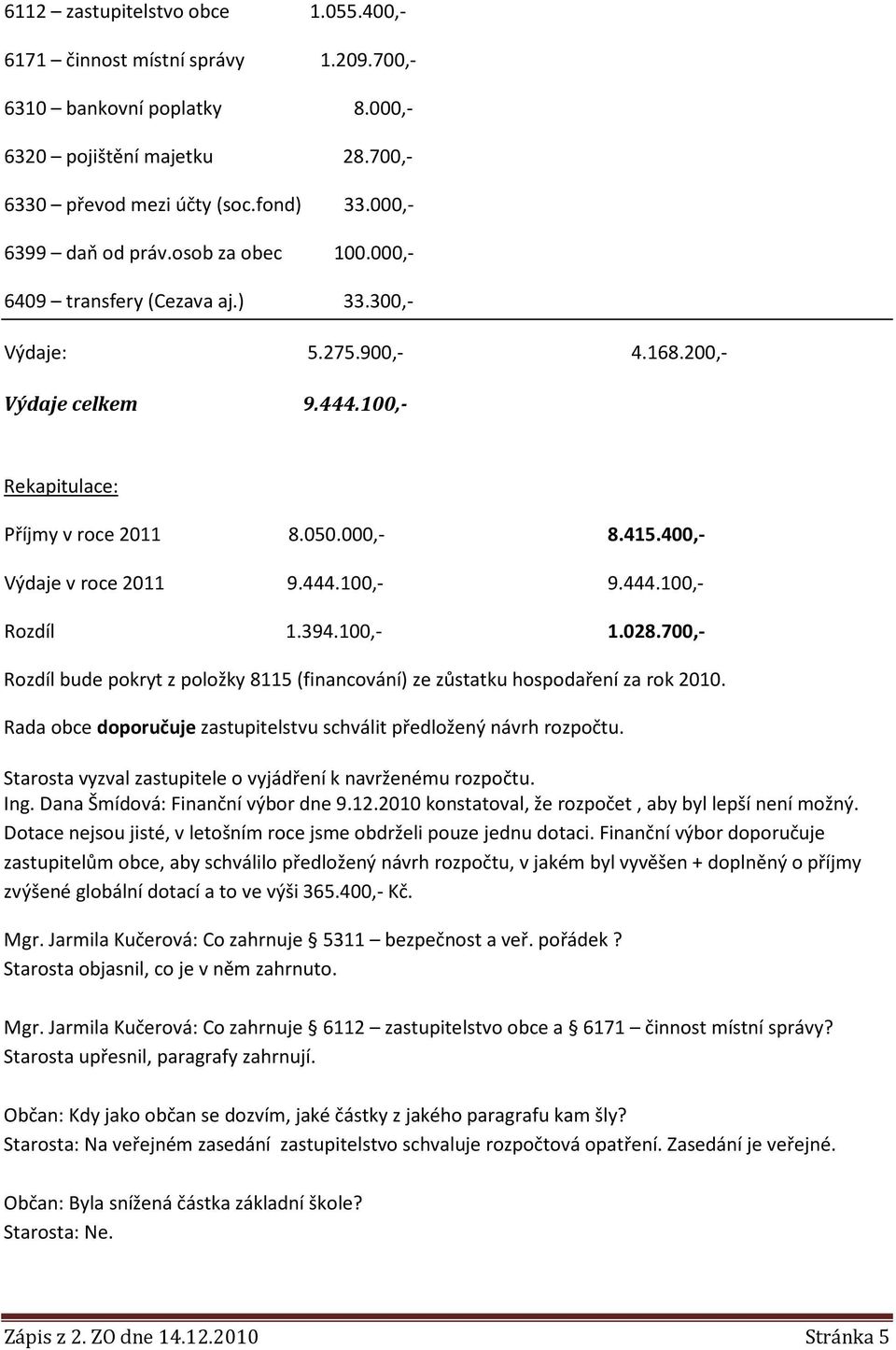 444.100,- Rozdíl 1.394.100,- 1.028.700,- Rozdíl bude pokryt z položky 8115 (financování) ze zůstatku hospodaření za rok 2010. Rada obce doporučuje zastupitelstvu schválit předložený návrh rozpočtu.