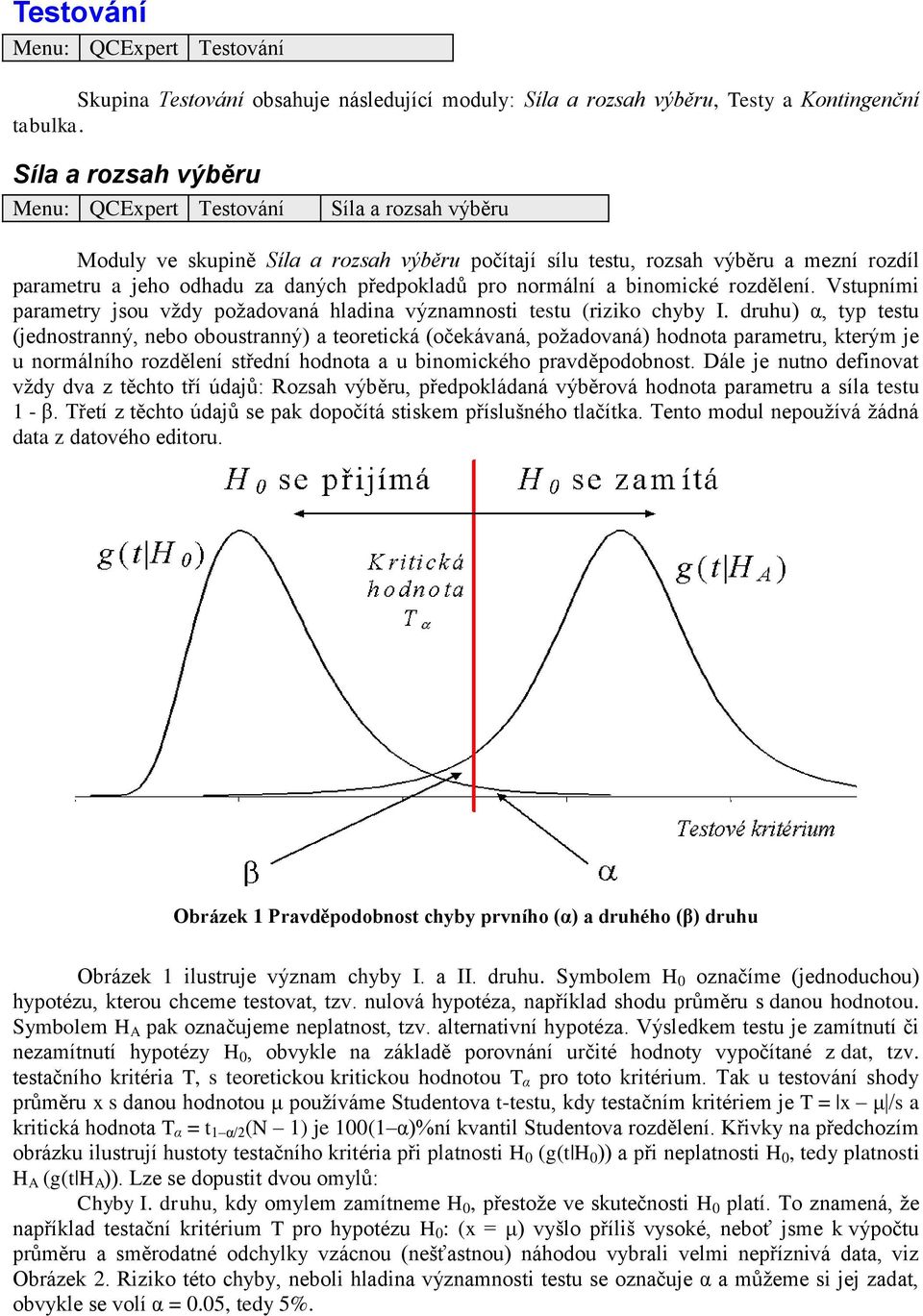 předpokladů pro normální a binomické rozdělení. Vstupními parametry jsou vždy požadovaná hladina významnosti testu (riziko chyby I.