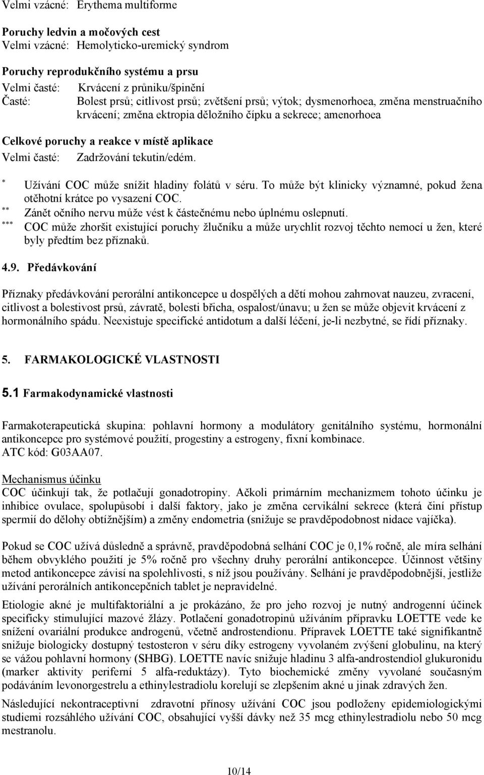 Zadržování tekutin/edém. Užívání COC může snížit hladiny folátů v séru. To může být klinicky významné, pokud žena otěhotní krátce po vysazení COC.