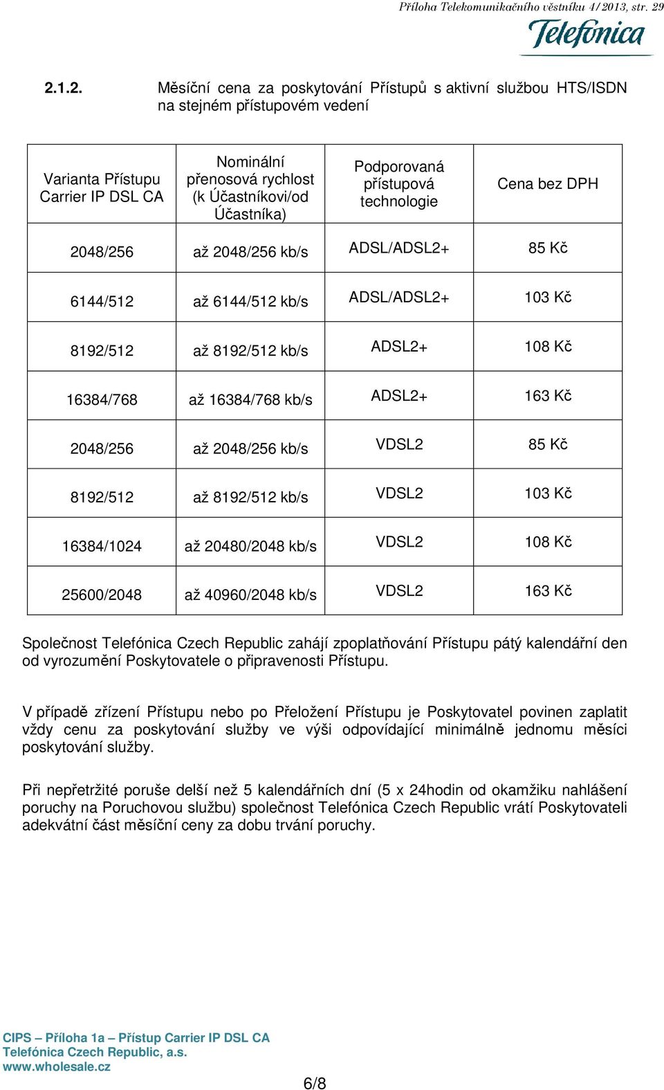 2.1.2. Měsíční cena za poskytování Přístupů s aktivní službou HTS/ISDN na stejném přístupovém vedení Varianta Přístupu Carrier IP DSL CA Nominální přenosová rychlost (k Účastníkovi/od Účastníka)