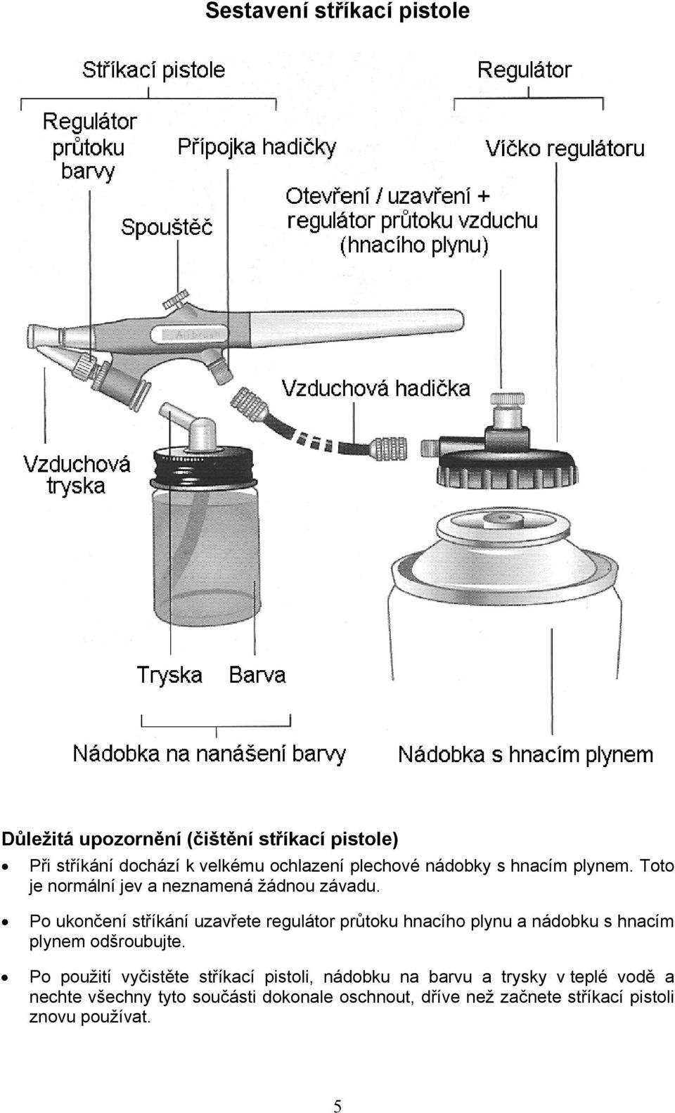 Po ukončení stříkání uzavřete regulátor průtoku hnacího plynu a nádobku s hnacím plynem odšroubujte.