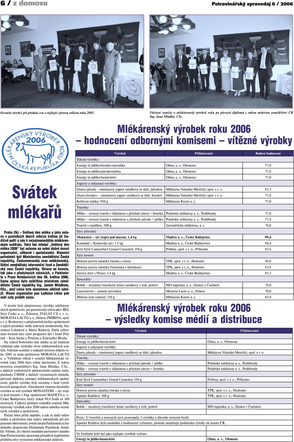 Mlékárenský výrobek roku 2006 hodnocení odbornými komisemi vítězné výrobky Svátek mlékařů Praha (fk) Světový den mléka a jeho oslava v posledních dnech měsíce května již tradičně patří u nás k