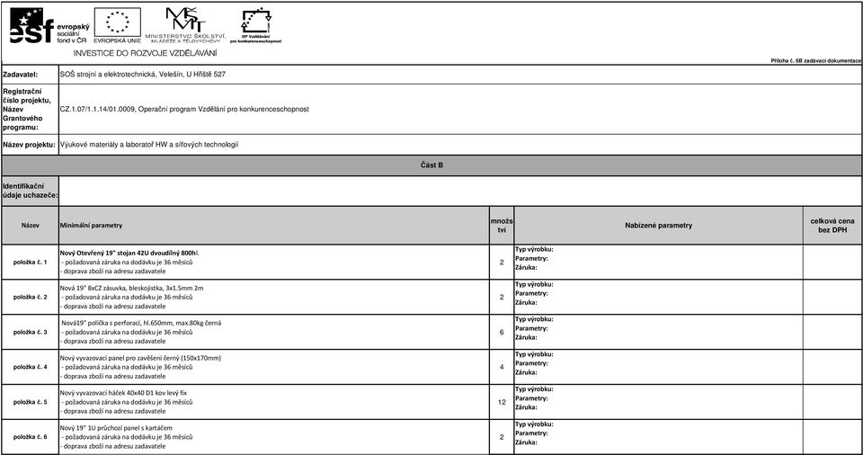 Nabízené parametry celková cena bez DPH položka č. 1 Nový Otevřený 19" stojan U dvoudílný 800hl. položka č. Nová 19" 8xCZ zásuvka, bleskojistka, 3x1.5mm m položka č.